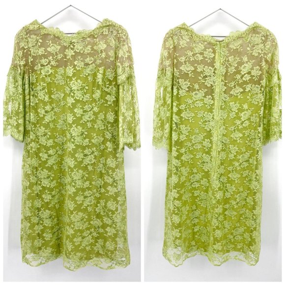 Vintage 60s Neal McClintock Chartreuse Green Lace Midi Shift Dress Womens Size M - Picture 2 of 13